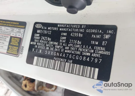 2012 Kia Optima Ex from USA, damaged, VIN 5XXGN4A76CG084797